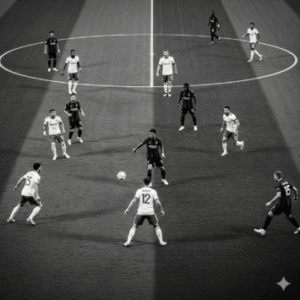 Player trying to use soccer intelligence surrounded by opponents